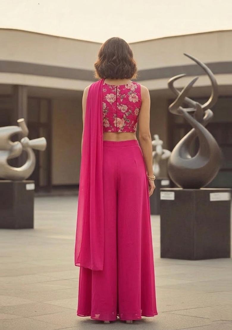 Pink Printed Organza Fusion Set - Indya