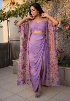 Purple Embroidered Organza Fusion Set