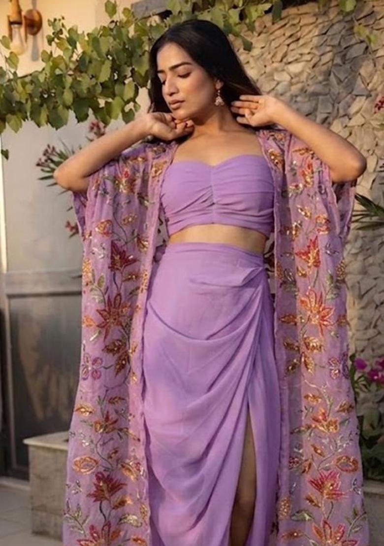 Purple Embroidered Organza Fusion Set - Indya