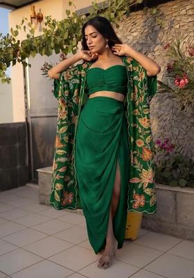 Bottle Green Embroidered Organza Fusion Set