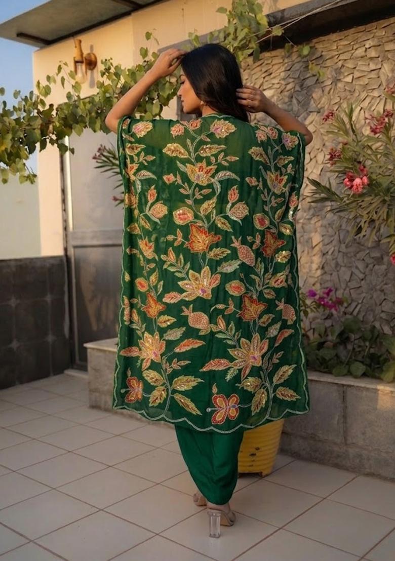 Bottle Green Embroidered Organza Fusion Set - Indya