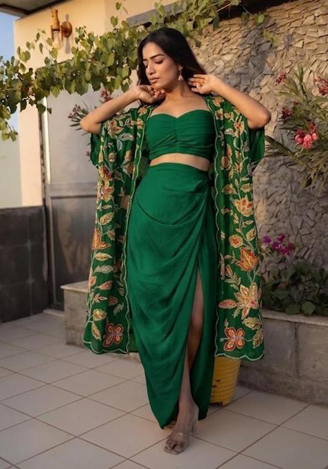 Bottle Green Embroidered Organza Fusion Set