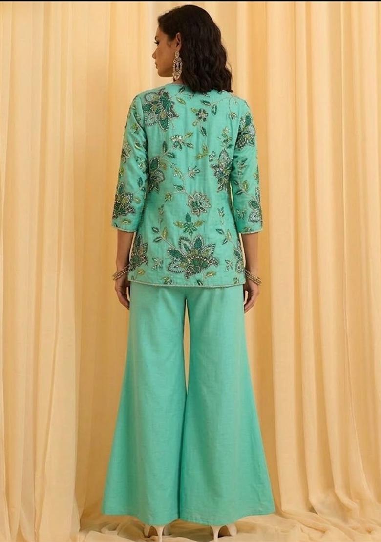 Mint Green Printed Organza Fusion Set - Indya