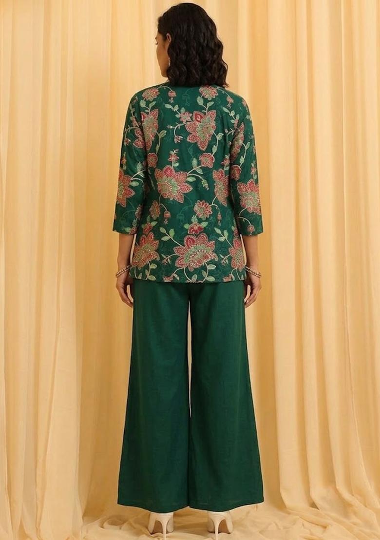 Bottle Green Printed Organza Fusion Set - Indya