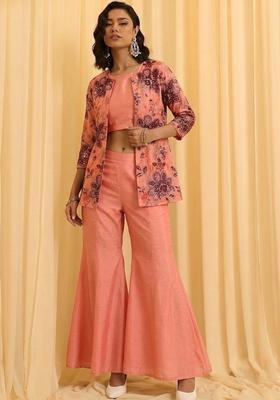 Peach Printed Organza Fusion Set