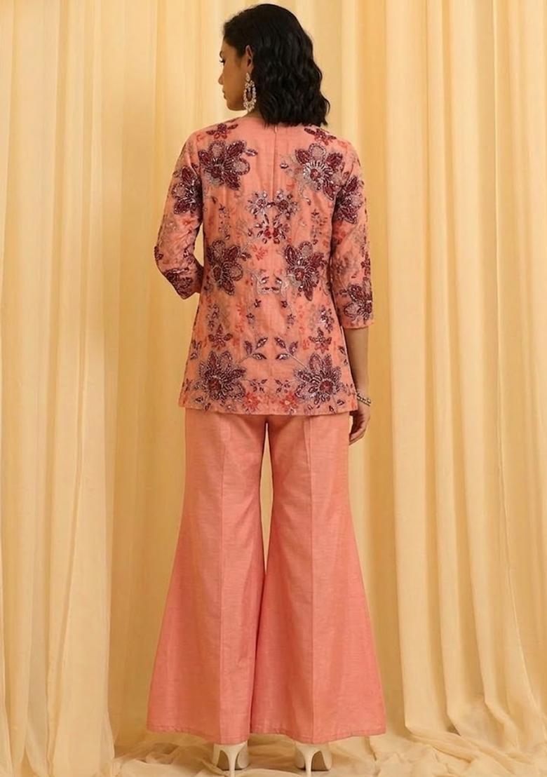 Peach Printed Organza Fusion Set - Indya