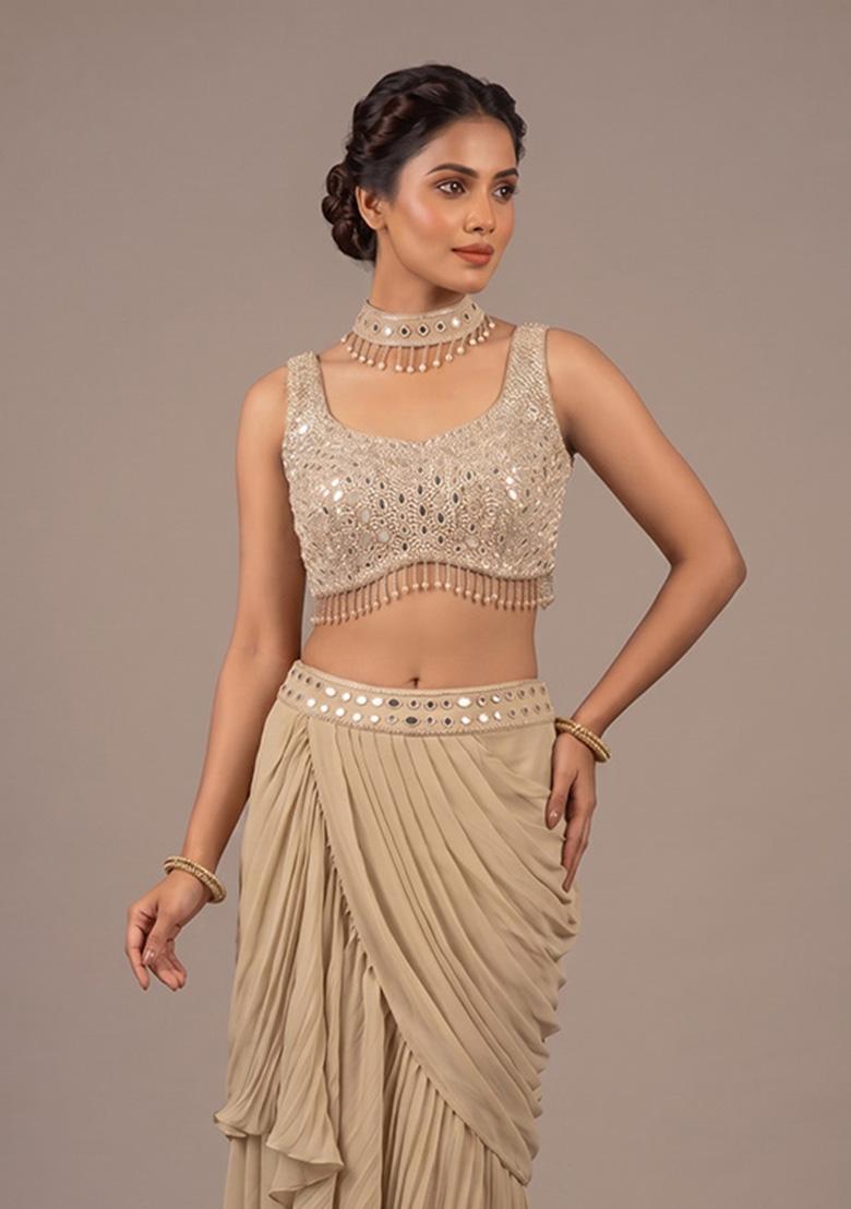 Beige Embroidered Handwork Fusion Set - Indya