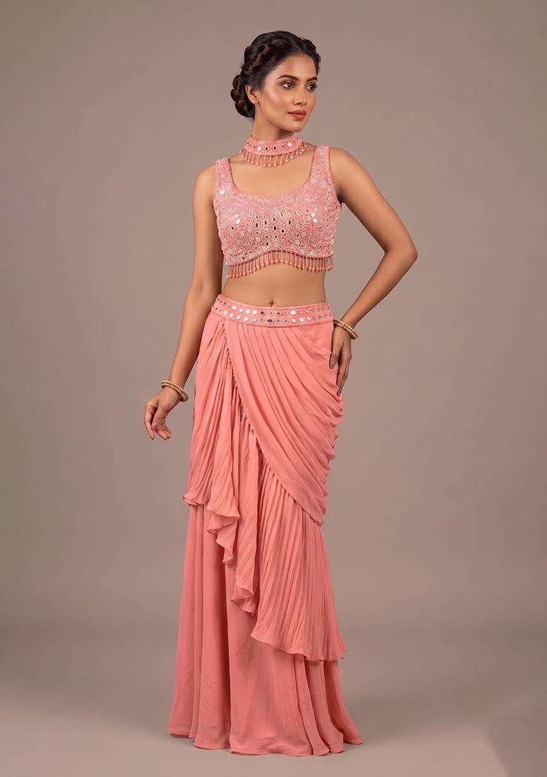 Peach Embroidered Handwork Fusion Set - Indya