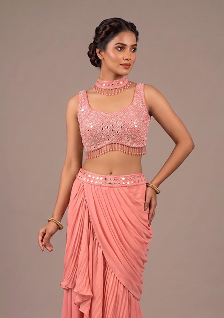 Peach Embroidered Handwork Fusion Set - Indya