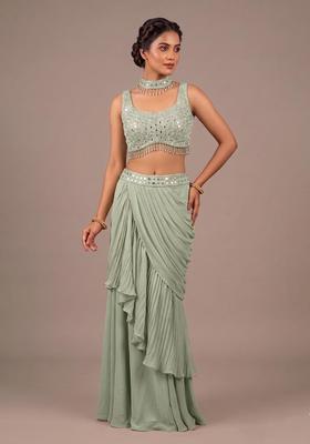 Pastel Green Embroidered Handwork Fusion Set