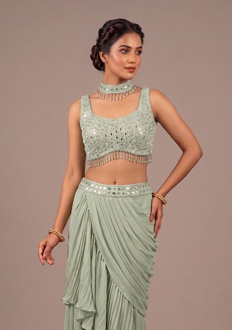 Pastel Green Embroidered Handwork Fusion Set - Indya