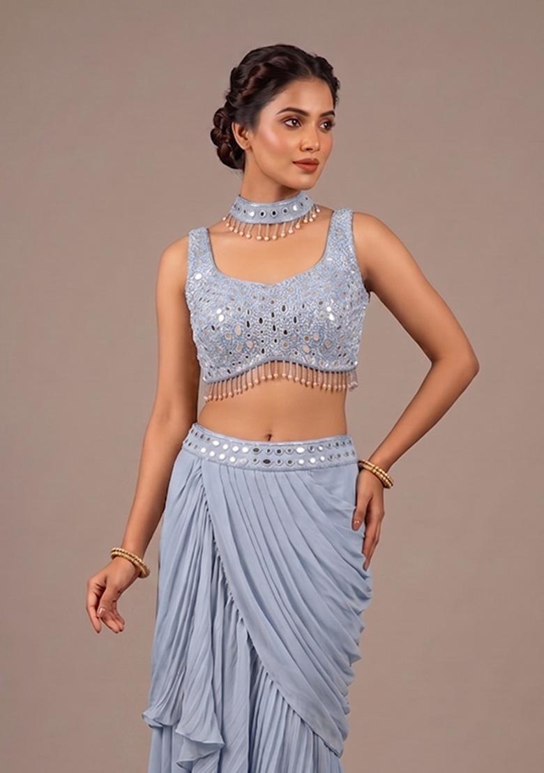 Pastel Blue Embroidered Handwork Fusion Set - Indya