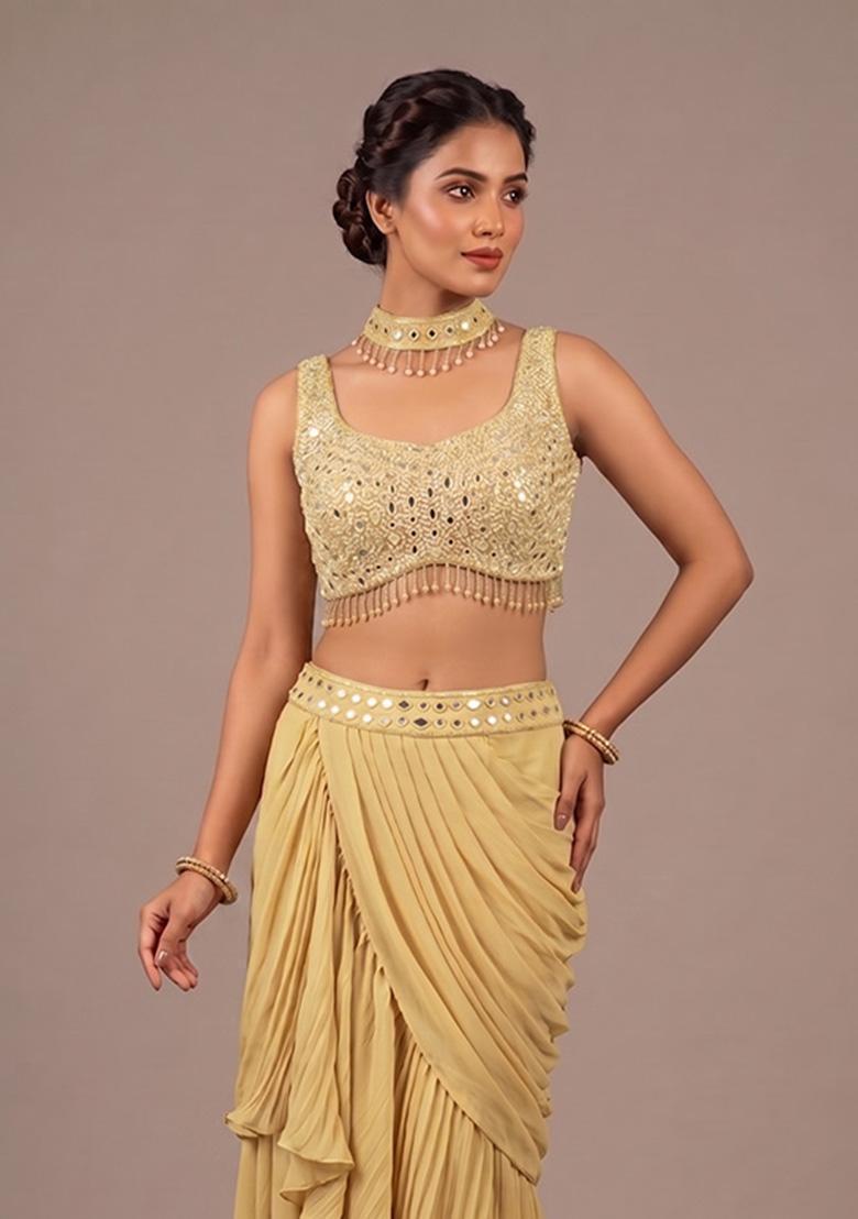 Pastel Yellow Embroidered Handwork Fusion Set - Indya