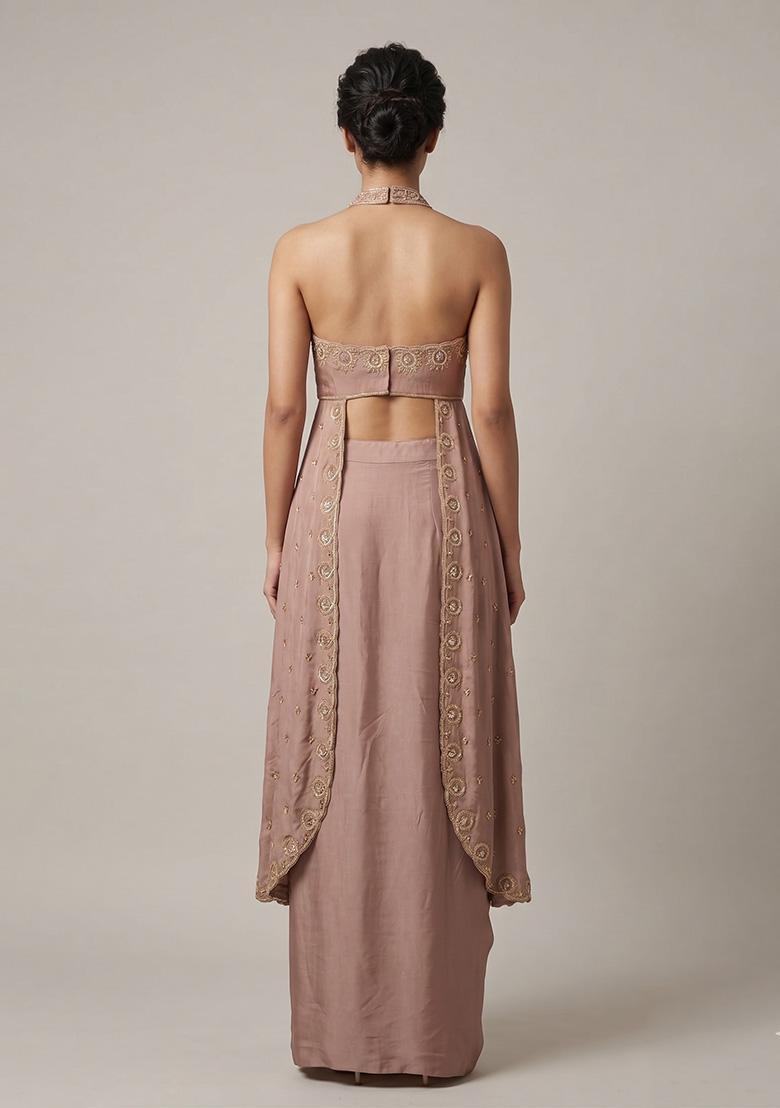 Mauve Embroidered Handwork Fusion Set - Indya