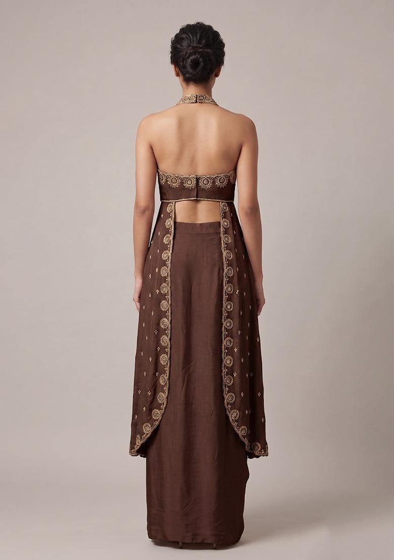 Brown Embroidered Handwork Fusion Set - Indya
