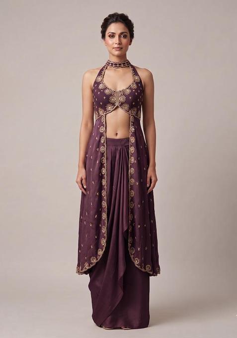 Purple Embroidered Handwork Fusion Set