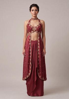 Red Embroidered Handwork Fusion Set