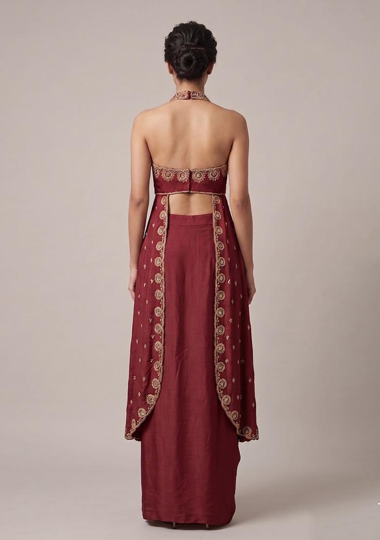 Red Embroidered Handwork Fusion Set - Indya