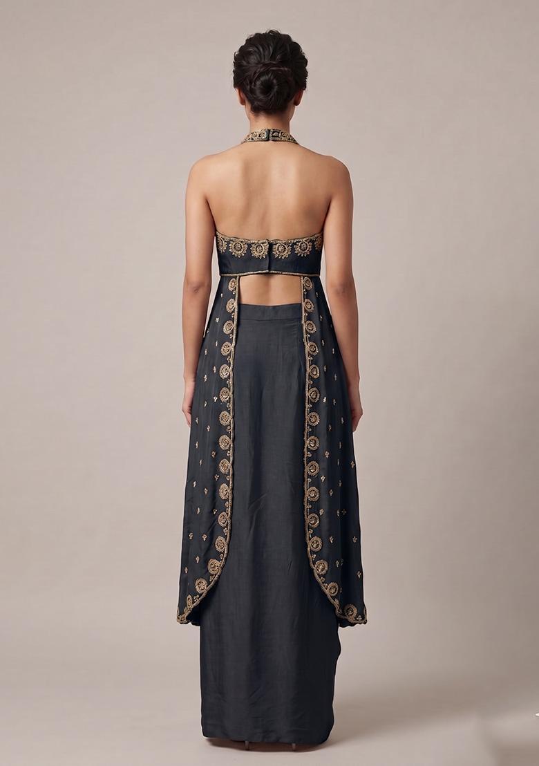 Black Embroidered Handwork Fusion Set - Indya