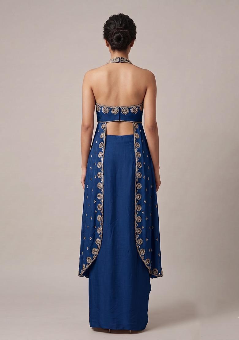 Dark Blue Embroidered Handwork Fusion Set - Indya