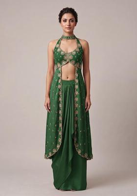 Dark Green Embroidered Handwork Fusion Set
