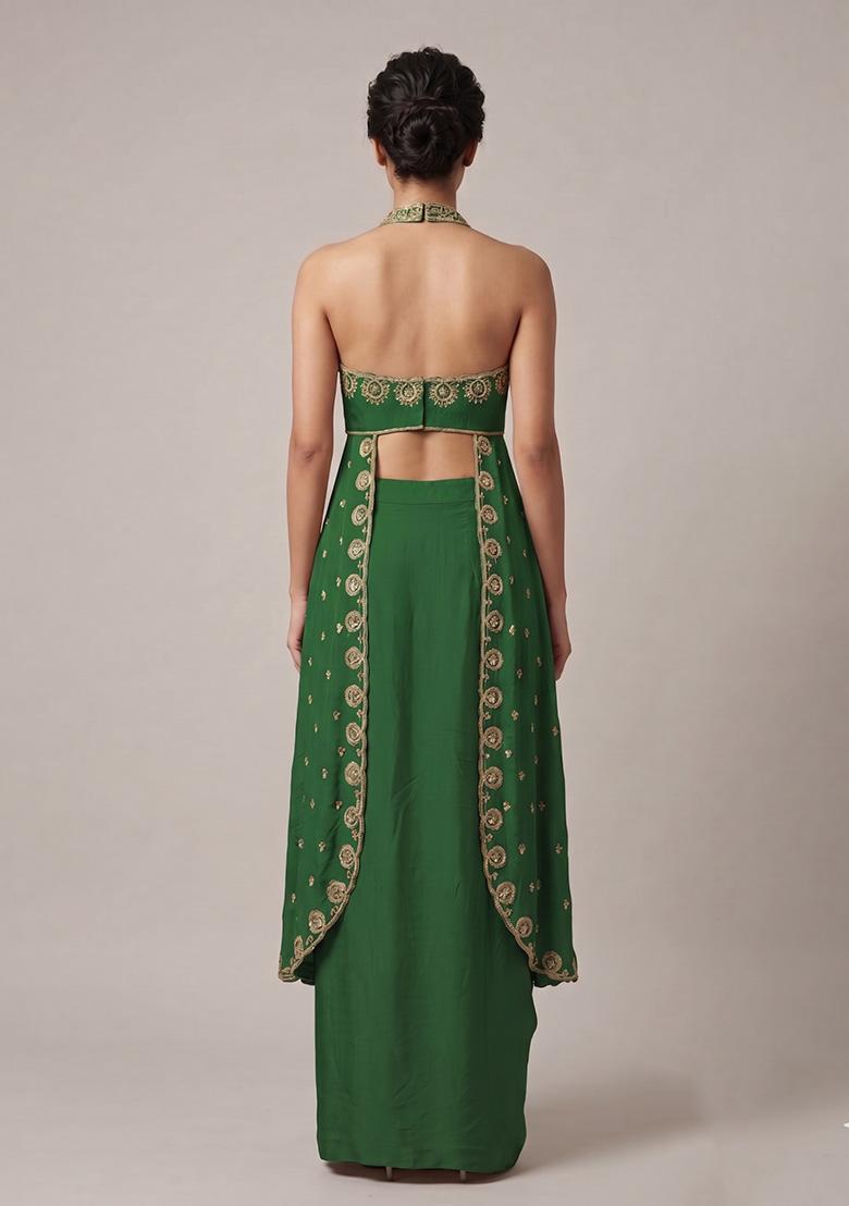 Dark Green Embroidered Handwork Fusion Set - Indya