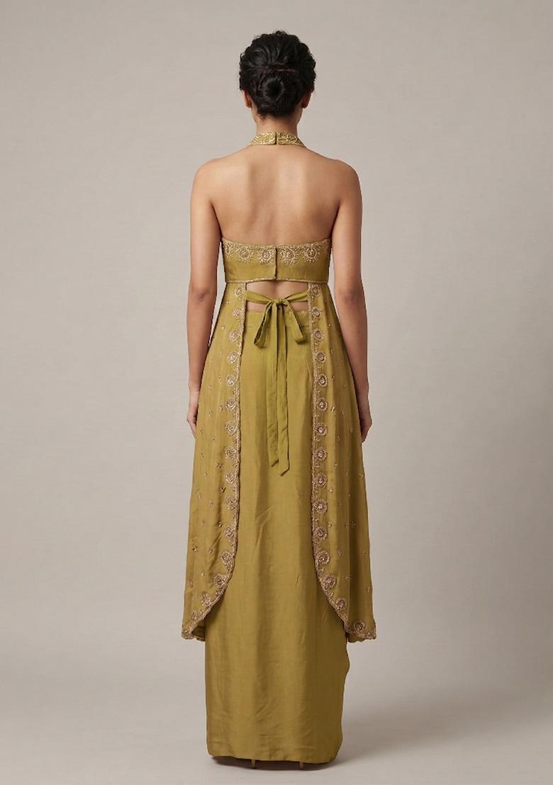 Olive Green Embroidered Handwork Fusion Set - Indya