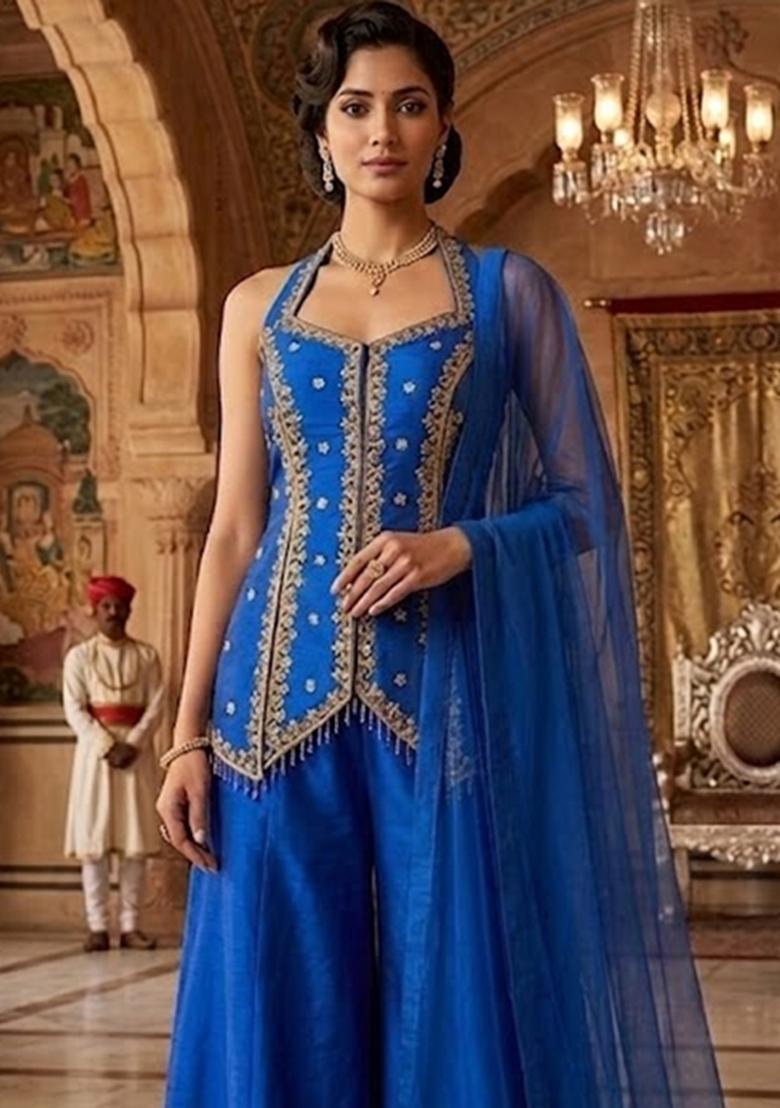 Dark Blue Embroidered Handwork Sharara Set - Indya