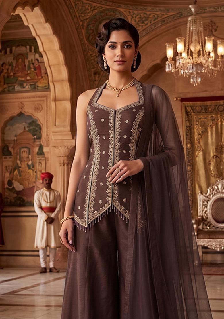 Chocolate Embroidered Handwork Sharara Set - Indya