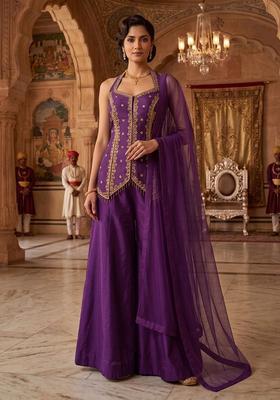 Purple Embroidered Handwork Sharara Set