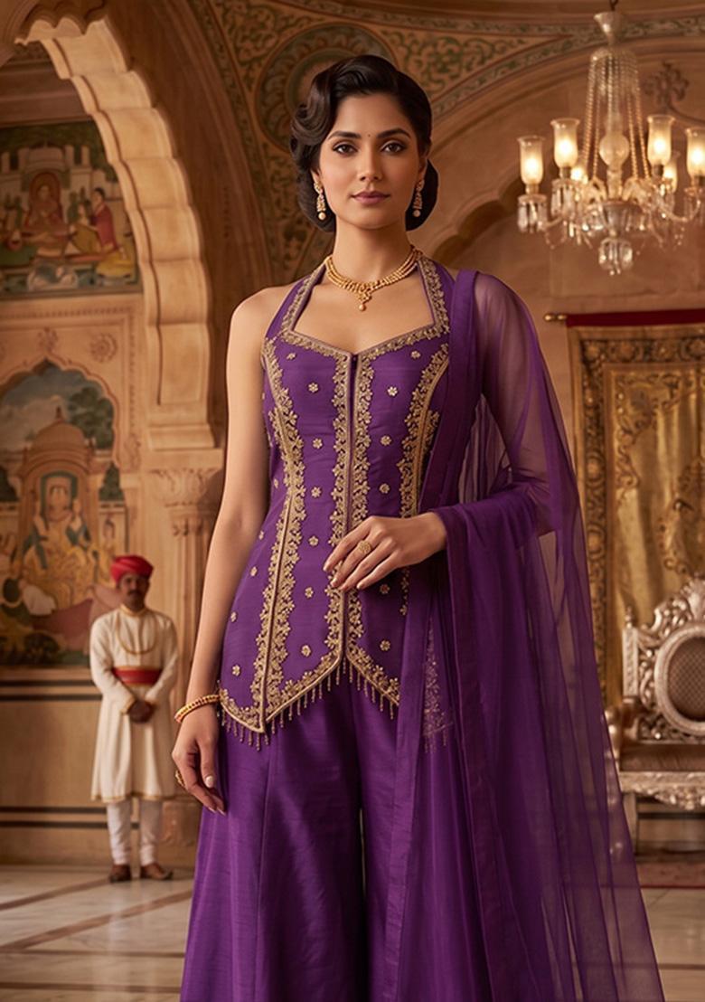 Purple Embroidered Handwork Sharara Set - Indya