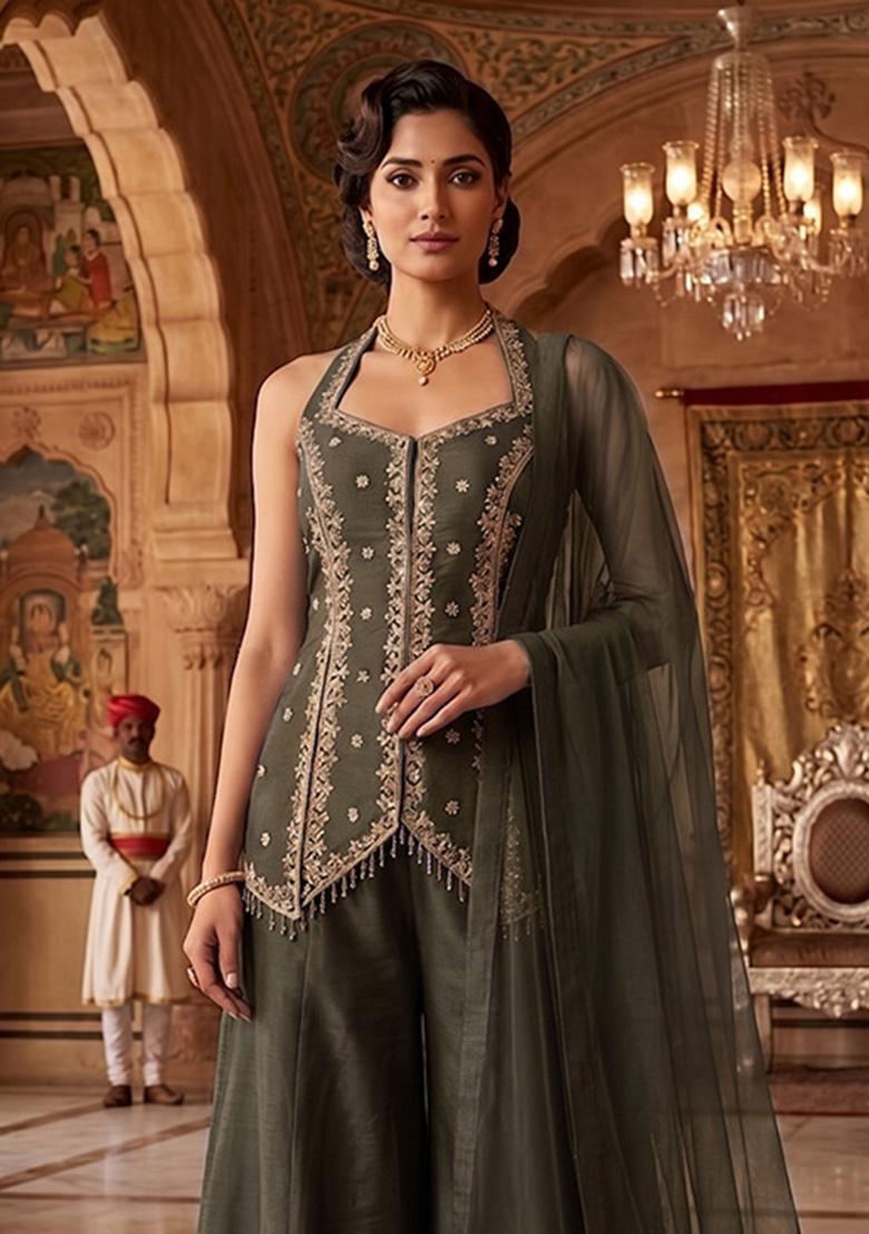 Grey Embroidered Handwork Sharara Set - Indya