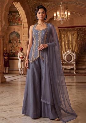 Grey Embroidered Handwork Sharara Set