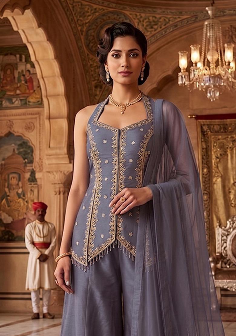 Grey Embroidered Handwork Sharara Set - Indya