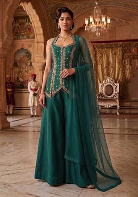Bottle Green Embroidered Handwork Sharara Set