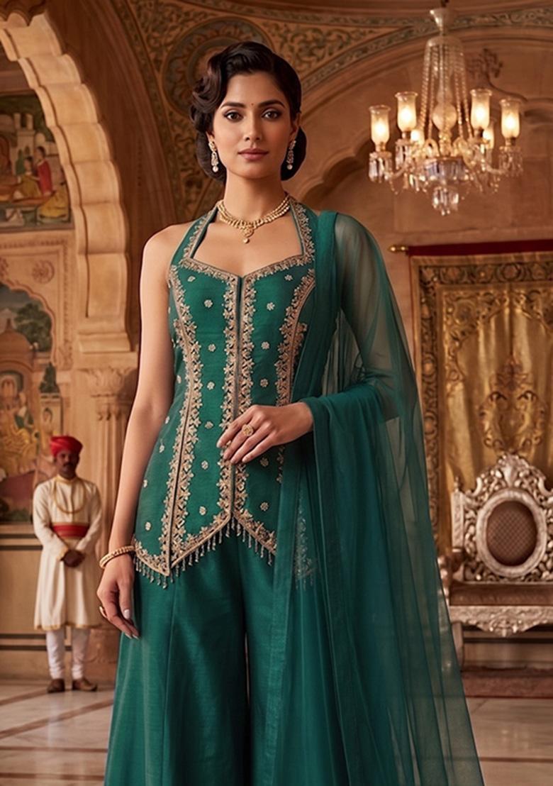 Bottle Green Embroidered Handwork Sharara Set - Indya