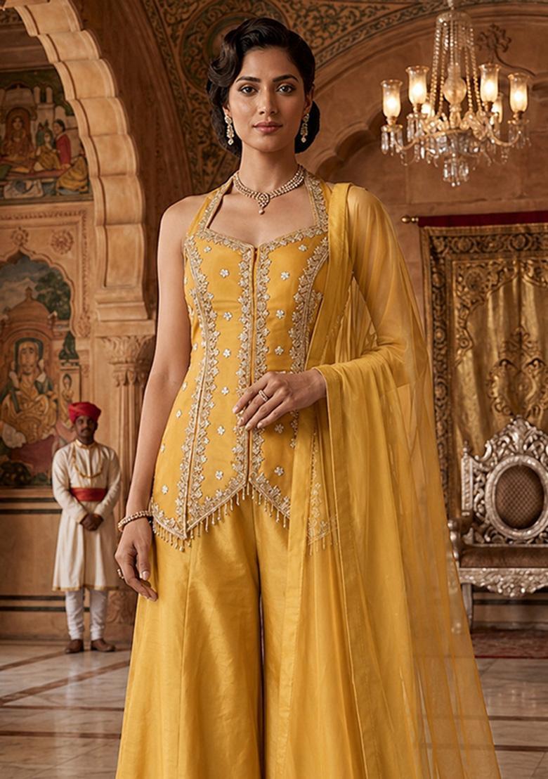 Yellow Embroidered Handwork Sharara Set - Indya
