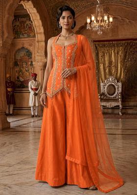 Orange Embroidered Handwork Sharara Set