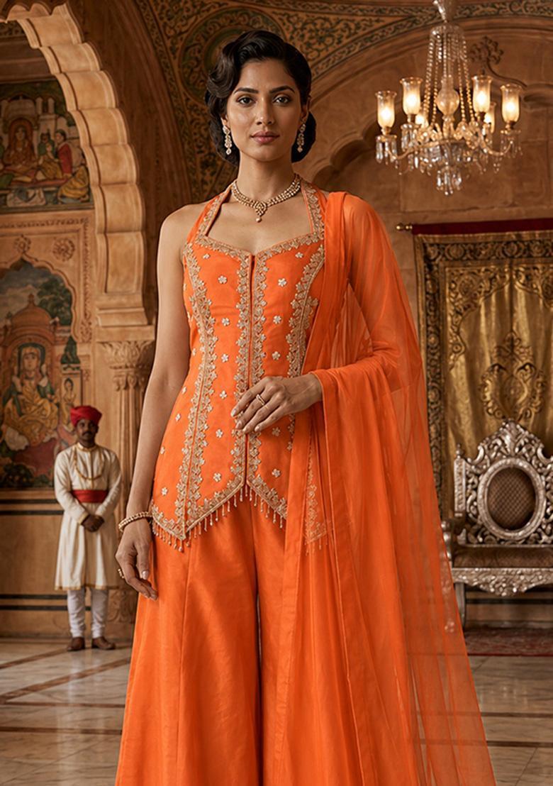 Orange Embroidered Handwork Sharara Set - Indya