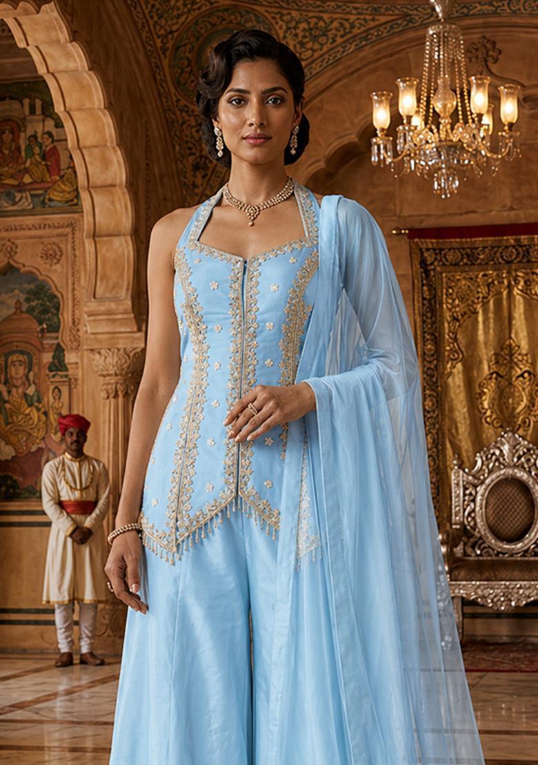 Blue Embroidered Handwork Sharara Set - Indya