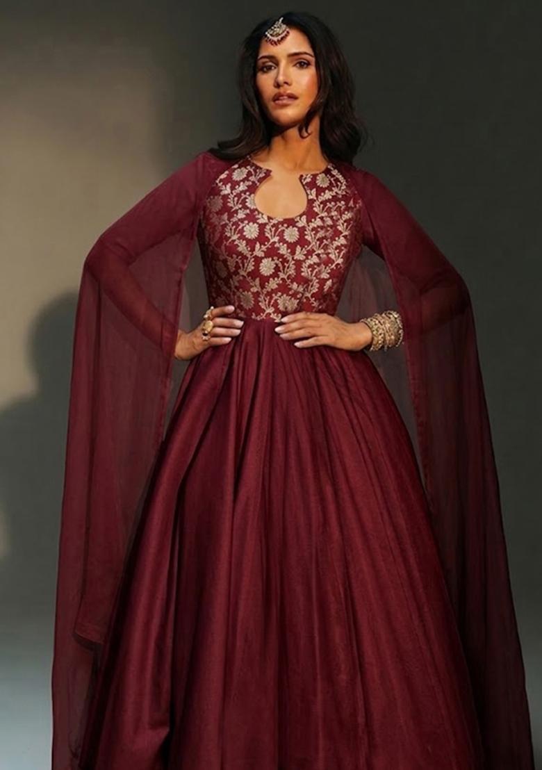 Maroon Brocade Anarkali with Dupatta - Indya