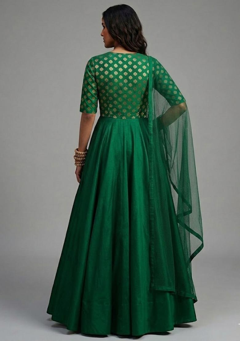 Green Zari Brocade Anarkali with Dupatta - Indya