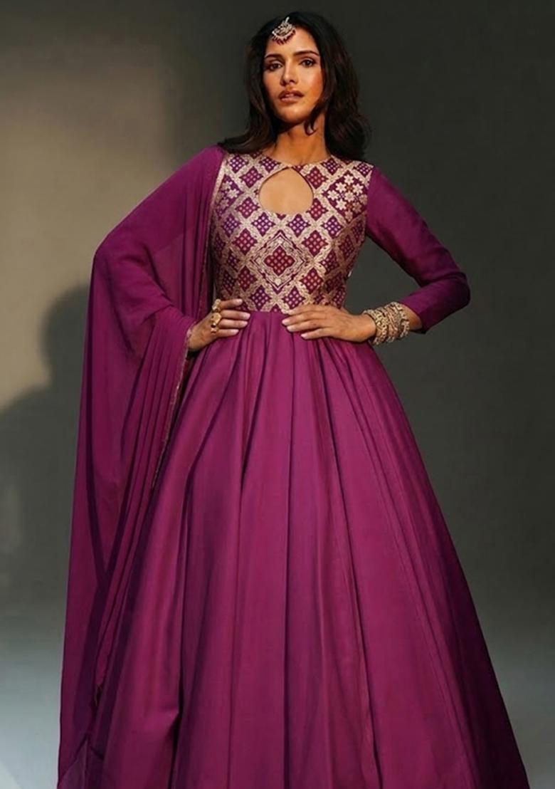 Pink Zari Silk Blend Anarkali with Dupatta - Indya
