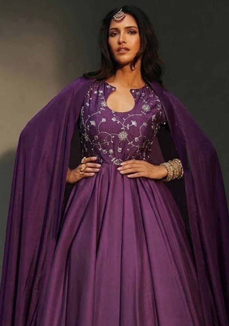 Purple Embroidered Silk Blend Anarkali with Dupatta - Indya