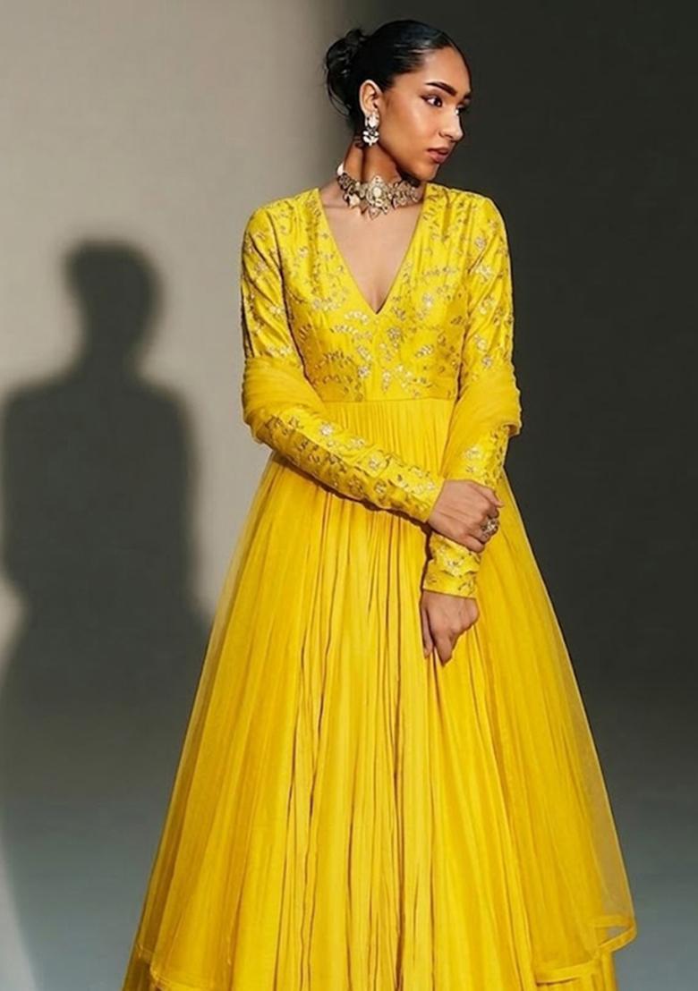 Yellow Embroidered Crepe Anarkali with Dupatta - Indya