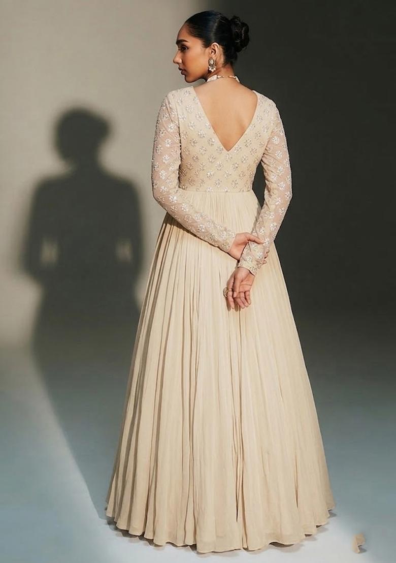 White Embroidered Chanderi Anarkali with Dupatta - Indya