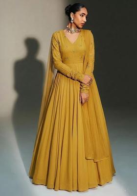 Yellow Embroidered Chanderi Anarkali with Dupatta