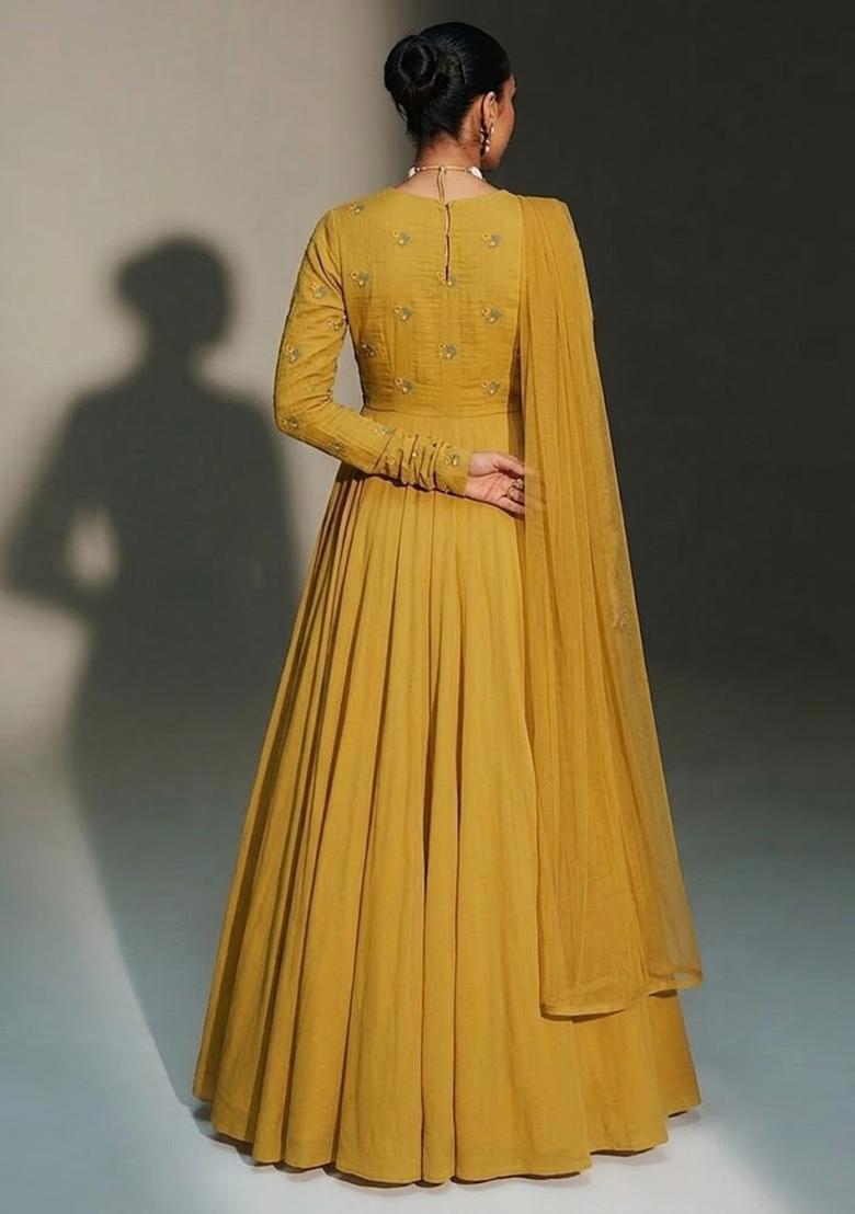 Yellow Embroidered Chanderi Anarkali with Dupatta - Indya