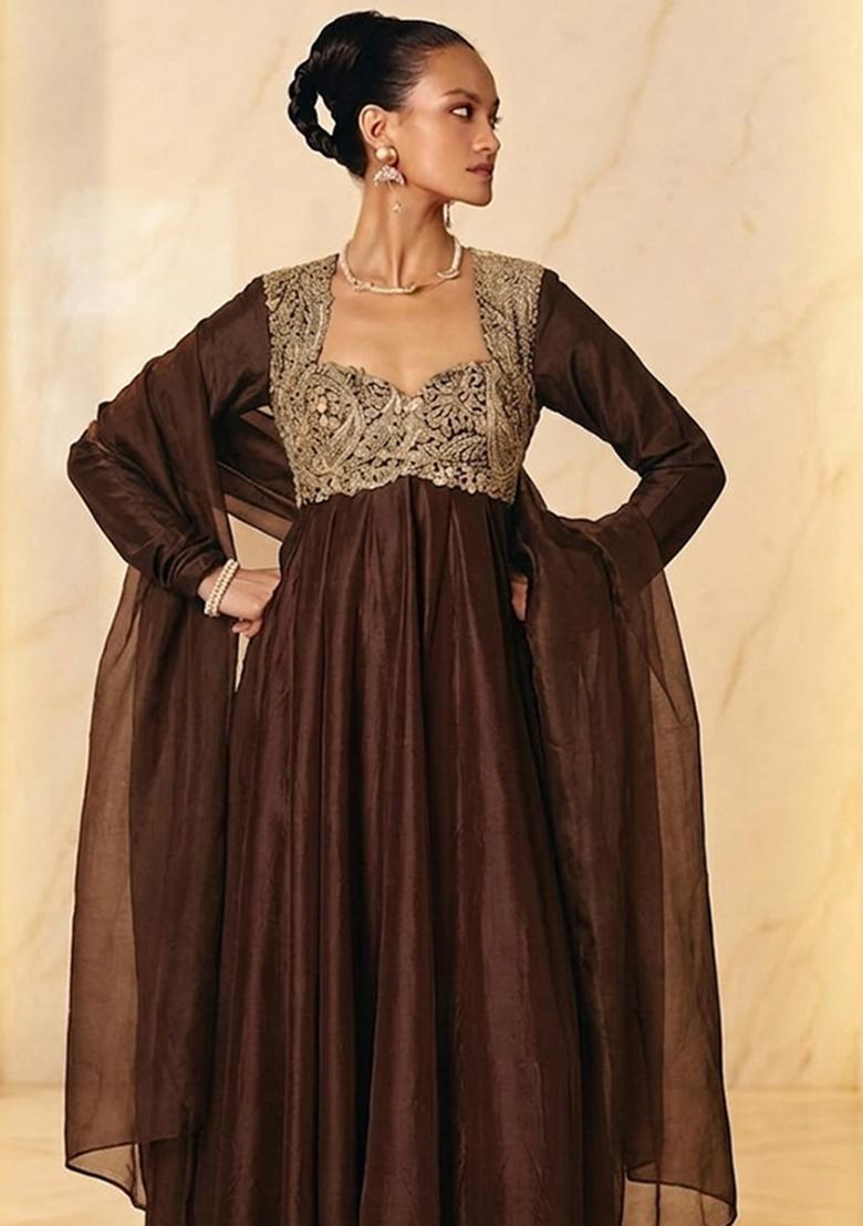 Brown Embroidered Handwork Anarkali with Dupatta - Indya