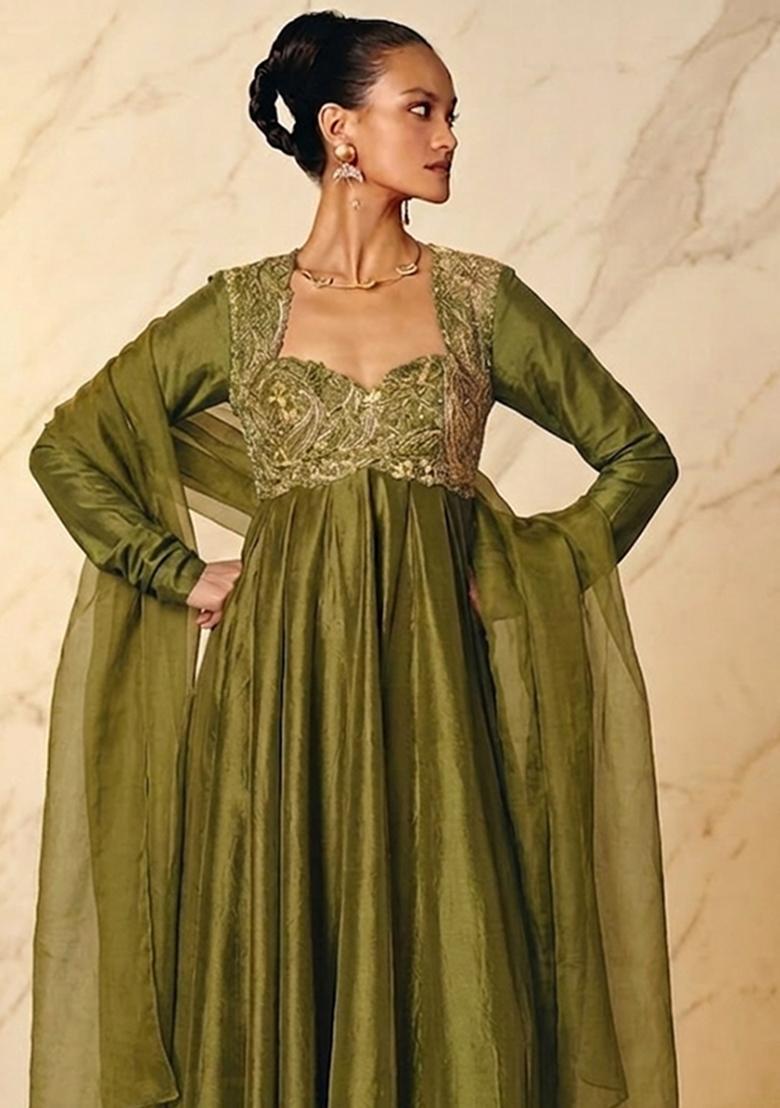 Olive Green Embroidered Handwork Anarkali with Dupatta - Indya